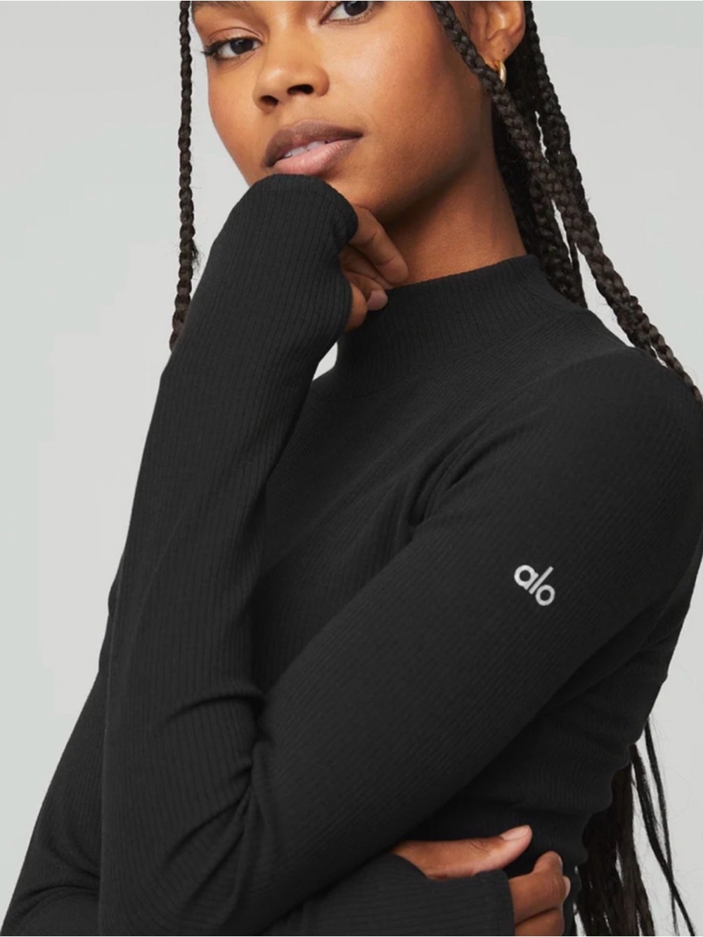 Alo Ribbed Long-Sleeve Mock Neck Top - Black Size M